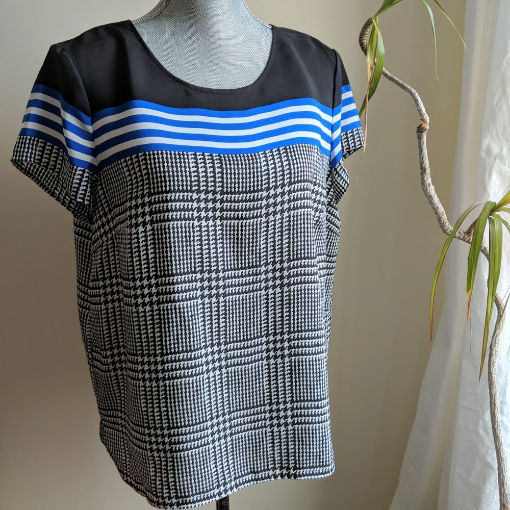 [No Tags] Houndstooth & Stripe Short Sleeve Blouse
